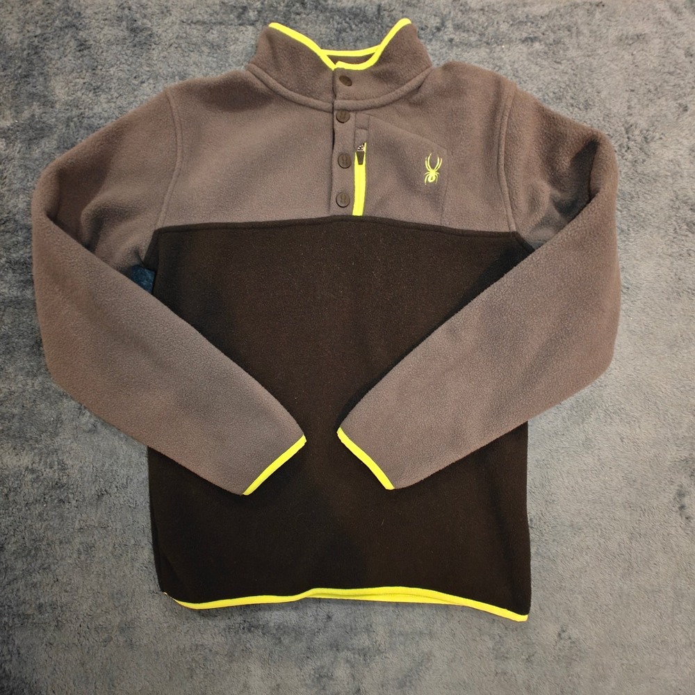 Spyder Womens Gray Black Fleece Snap Pullover Neon Yellow Trim Large Ski Hike